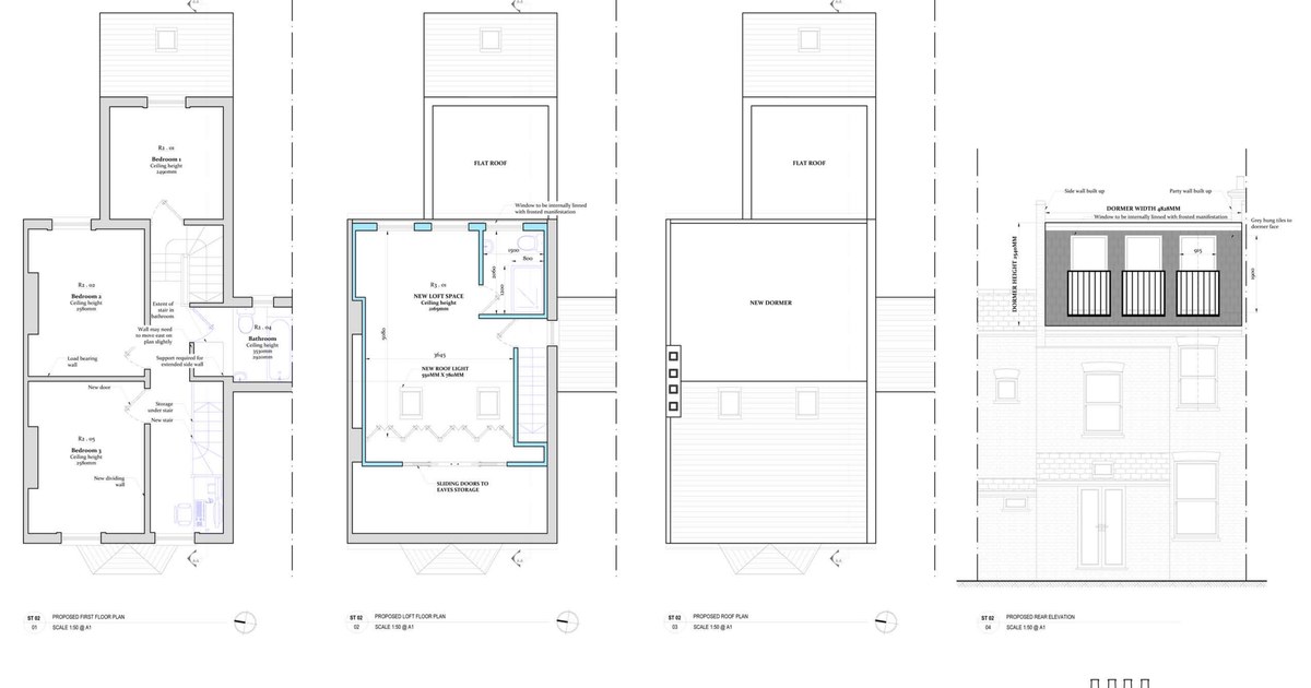 Proposed loft conversion floor plans, roof plan and rear elevation drawn in CAD
