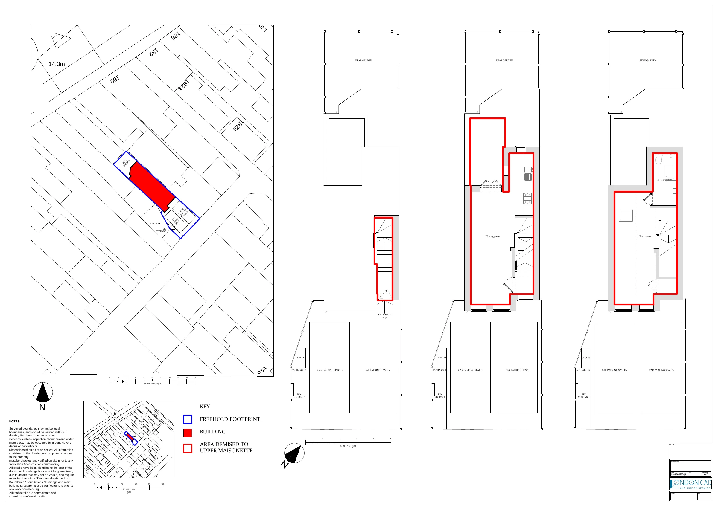 Lease plan showing a freehold footprint on a location map alongside three floor plans with the area demised to an upper maisonette outlined in red