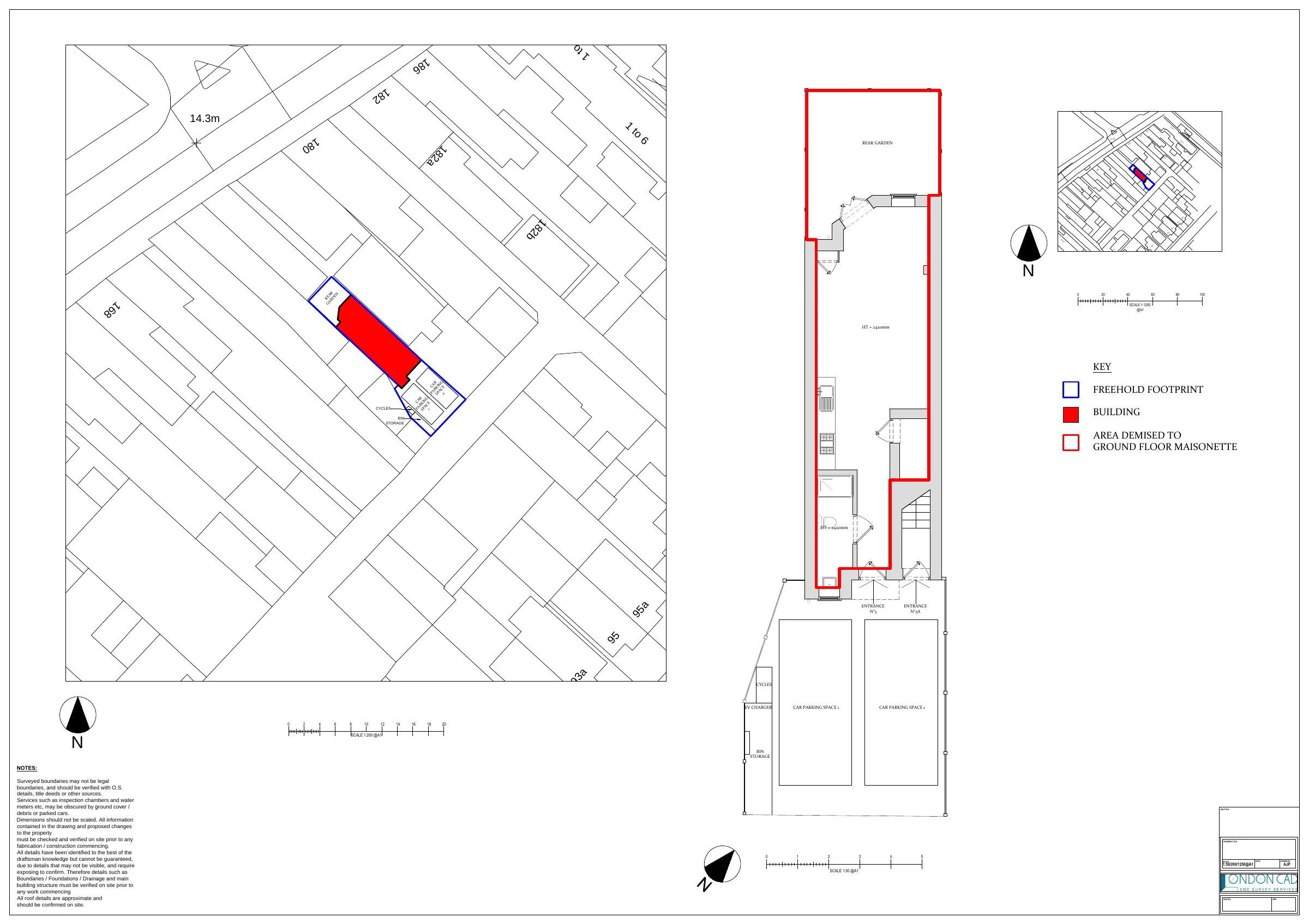 Lease plan showing the area demised to a ground floor maisonette, including the rear garden, outlined in red on a ground floor plan with a freehold location plan