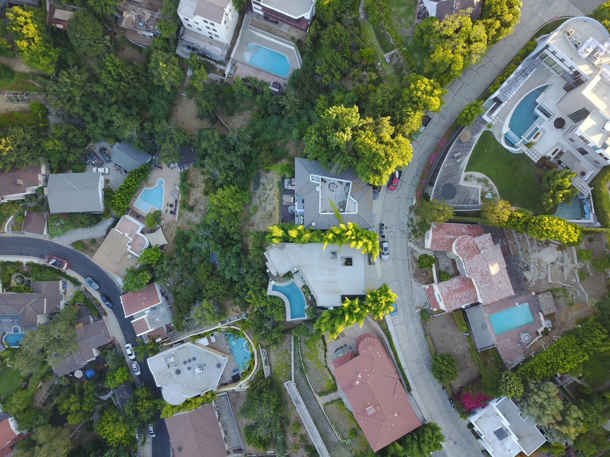 Aerial view of buildings and their surroundings