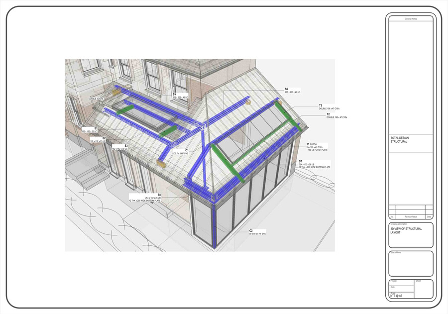 3D view of the structural layout for a rear extension